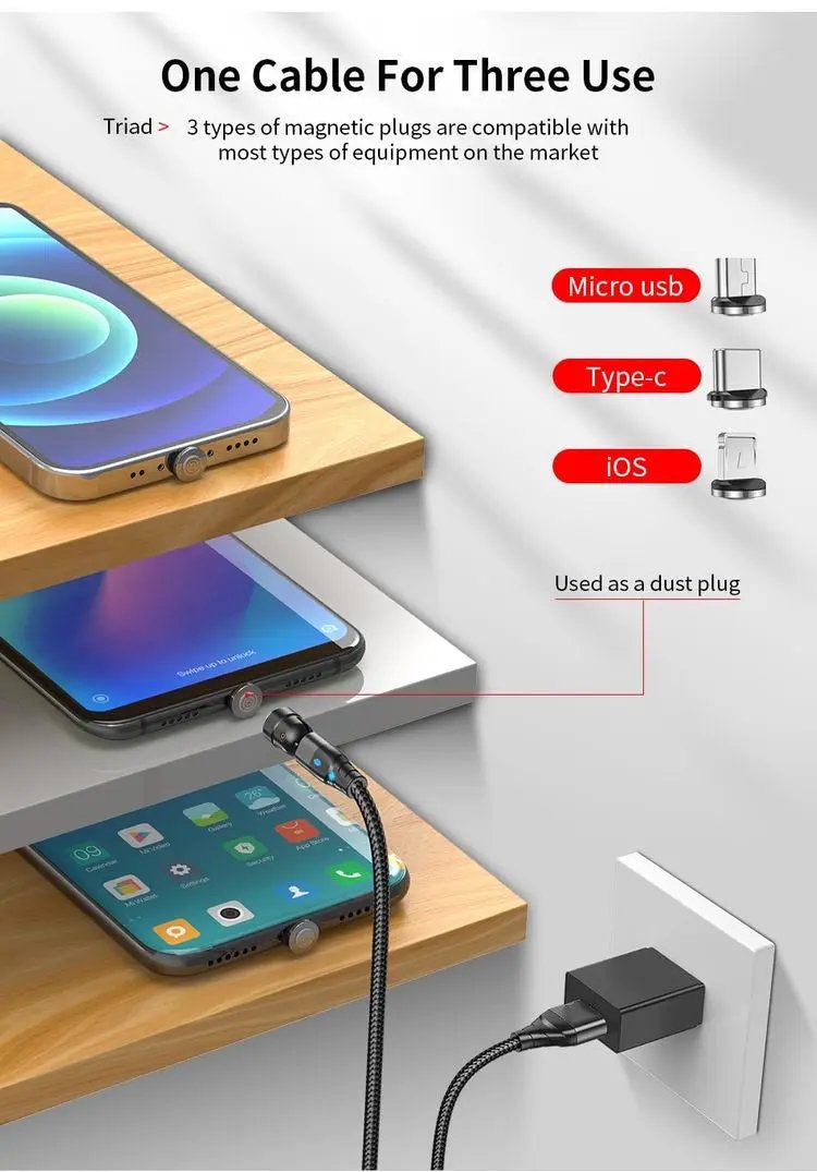 3-in-1 Magnetic Data Cable 540 Rotating Connector 5A Fast Charging - NordicTech