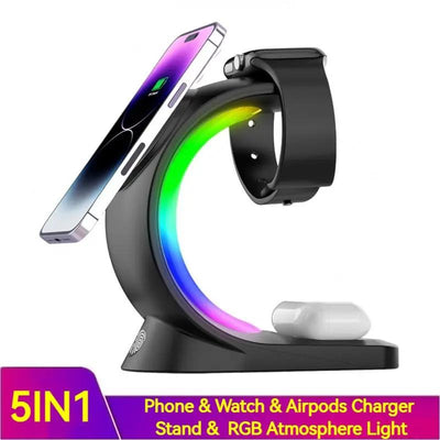 4 In 1 Magnetic Wireless Charger Fast Charging For Smart Phone Atmosphere Light Charging Station For Airpods Pro I-phone Watch - NordicTech