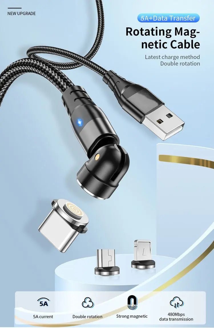 3-in-1 Magnetic Data Cable 540 Rotating Connector 5A Fast Charging - NordicTech